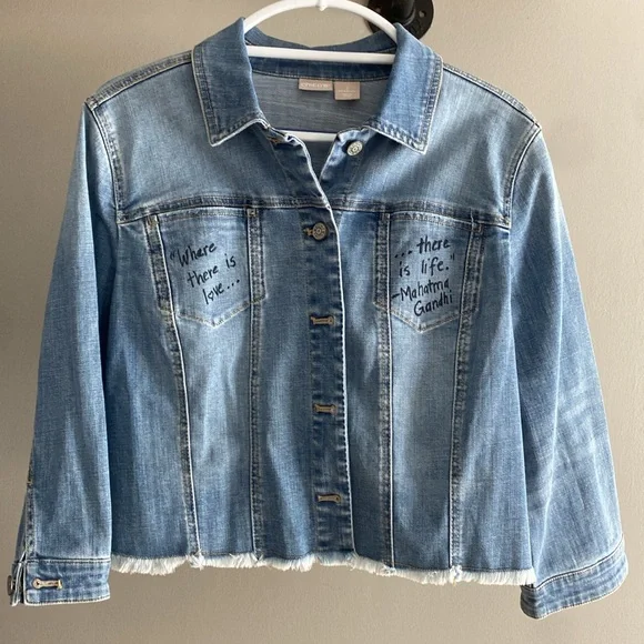 🌸HEATHER. Love quotes refashioned, velvet heart on frayed denim jacket,by Susie. - Picture 3 of 7